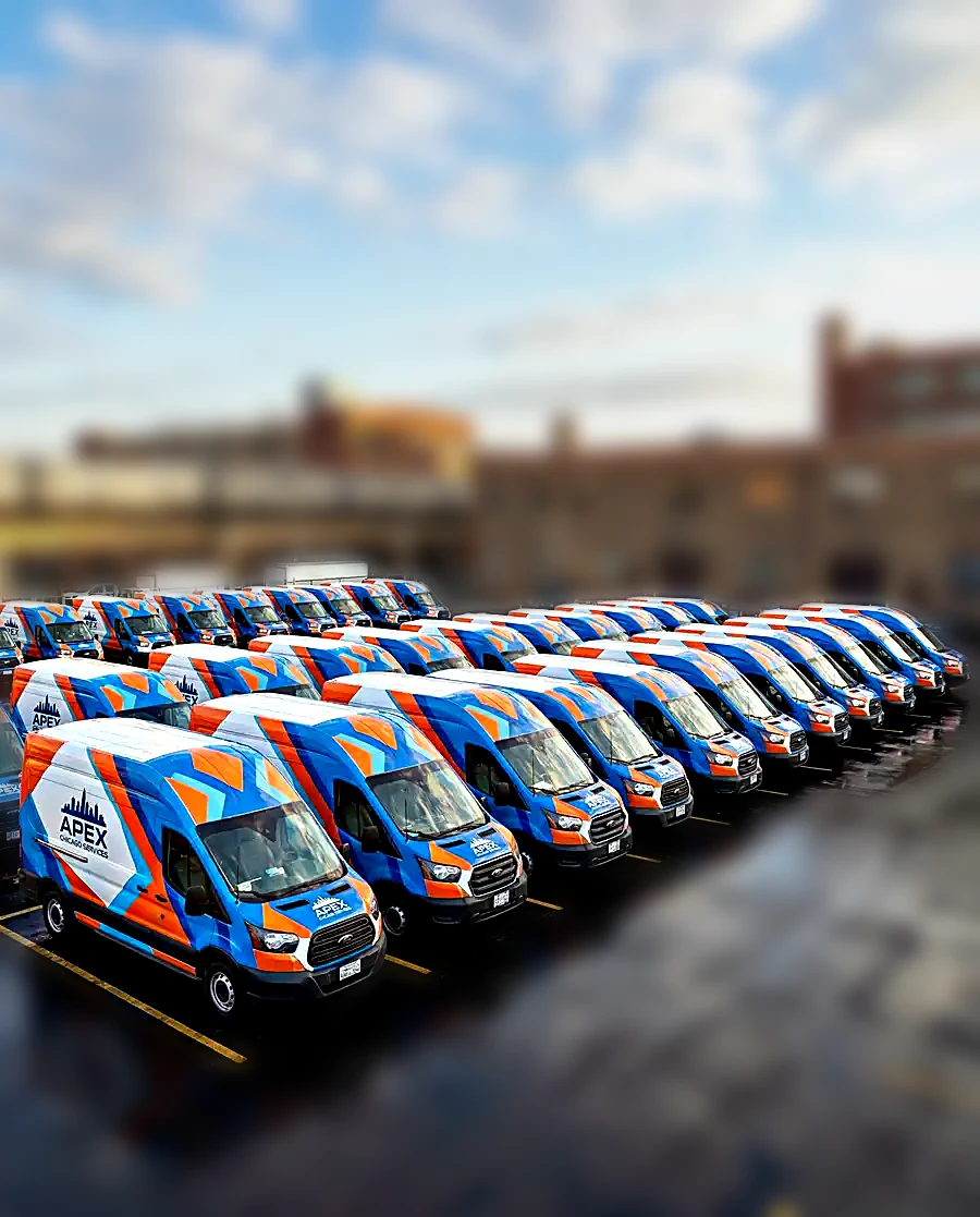 Apex commercial Sprinter van fleet wrapped by Chicago Fleet Wraps